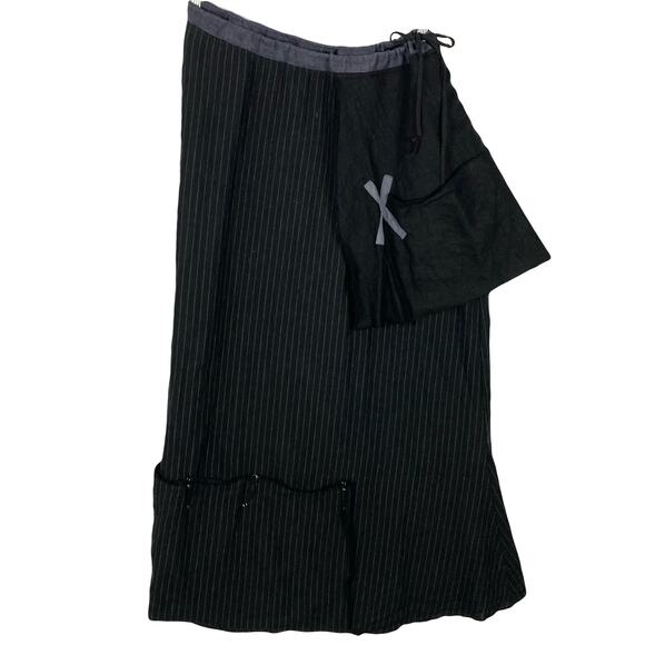 CYNTHIA ASHBY Skirt~S~M Linen Black Stripe Blue-Patches Pockets-Pins Colorblock